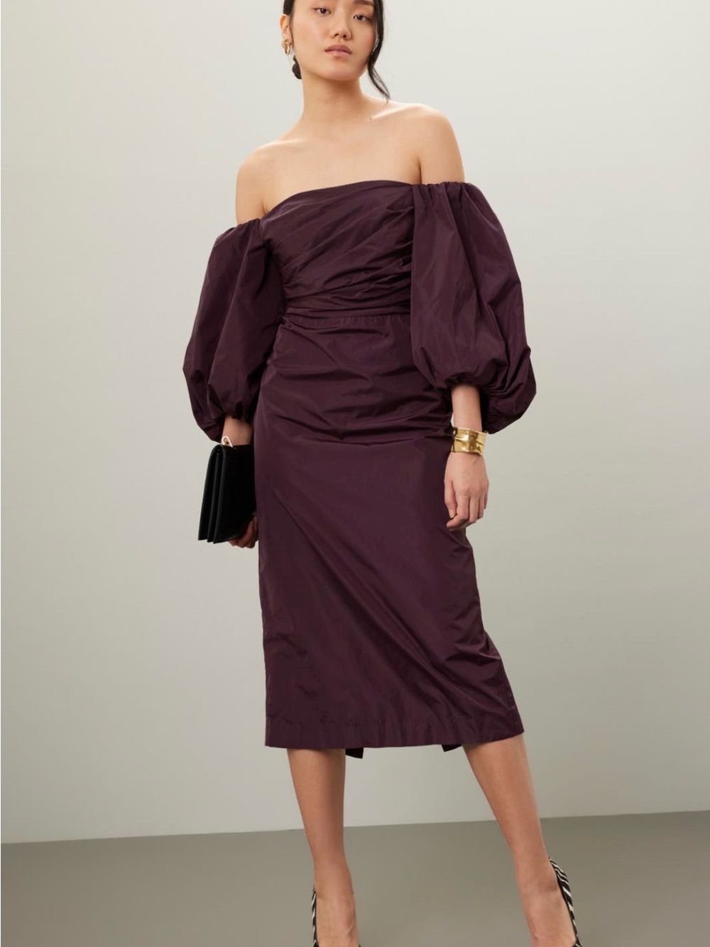 Tanya Taylor One-Shoulder Puff-Sleeve Midi Dress in Plum